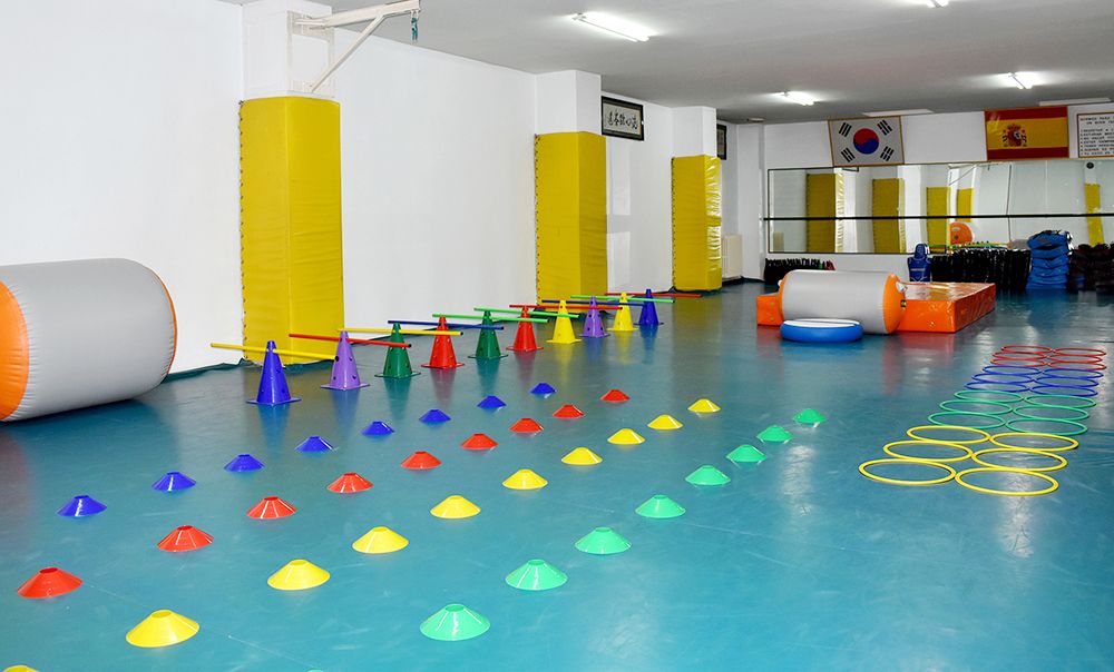 Interior de una de las aulas del Gimnasio Han-Yang donde se ven la colchoneta y accesorios para la práctica.